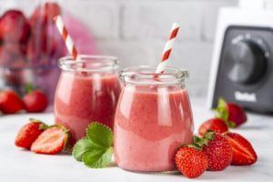 Strawberry smoothie or milkshake drink.